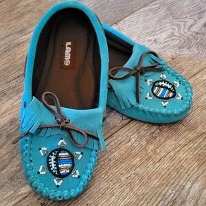 LAMO Turquoise Teal Beaded Suede Moccasin Slipper Shoes Fringe Southwestern